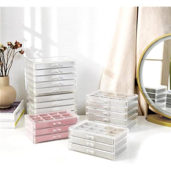 Clear Acrylic Jewelry Box Earring Organizer with Velvet Trays 5 Drawer Storage - Picture 5 of 7